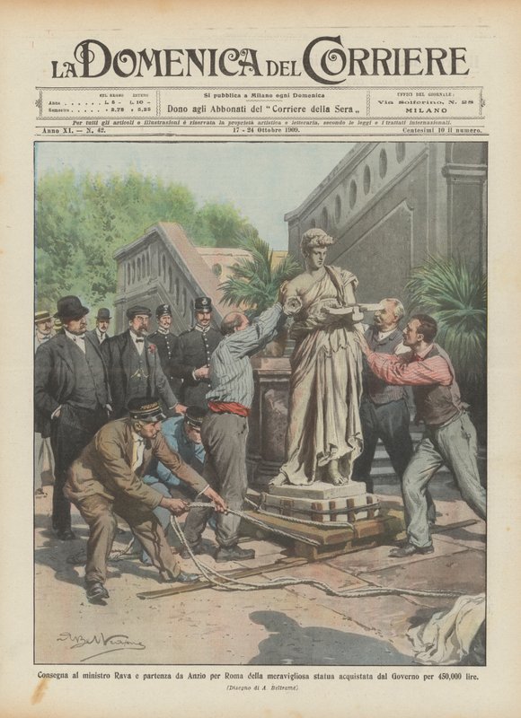 Udlevering til minister Rava og afrejse fra Anzio til Rom af den vidunderlige statue, der er købt af ? af Achille Beltrame