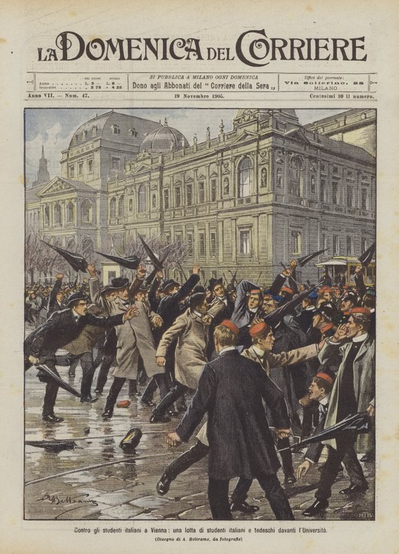 Mod italienske studerende i Wien, en kamp mellem italienske og tyske studerende foran universitetet af Achille Beltrame