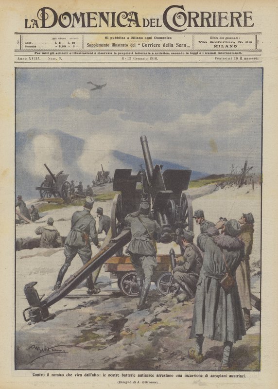 Mod fjenden fra oven stopper vores antiluftskyts batterier et raid af østrigske flyvemaskiner af Achille Beltrame