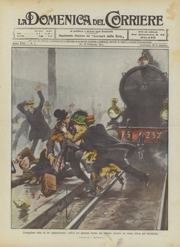 En stationsbestyrers modige handling, da han reddede tre personer, der var standset på sporet, da et tog var ved at ramme dem af Achille Beltrame