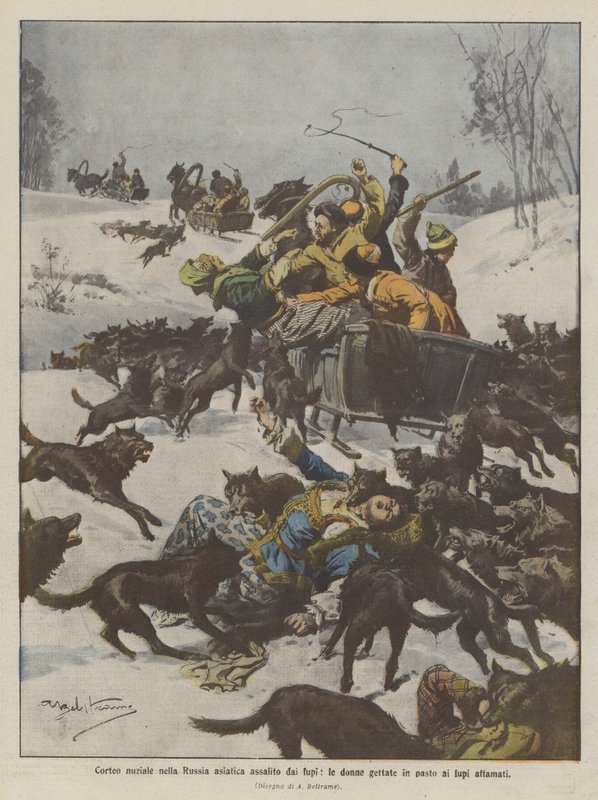 Bryllupsoptog i det asiatiske Rusland angrebet af ulve, kvinderne kastes til de sultne ulve af Achille Beltrame