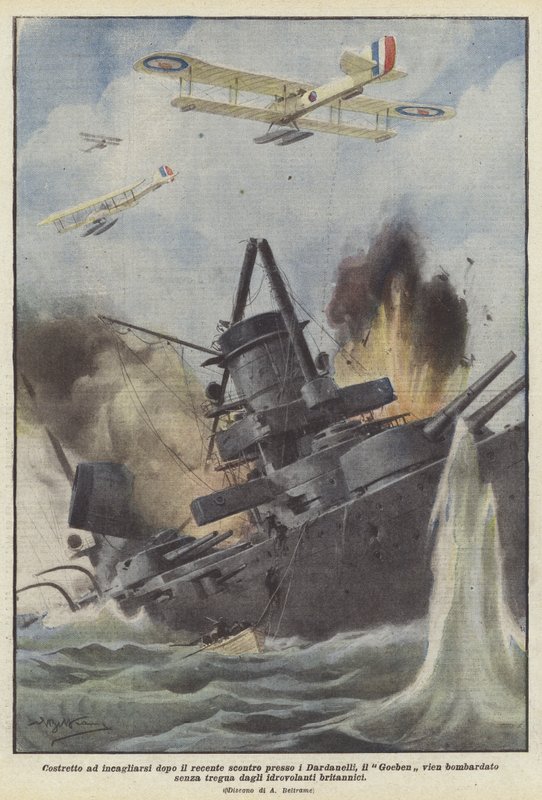 Tvunget til at gå på grund efter det nylige sammenstød ved Dardanellerne, bliver Goeben bombet? af Achille Beltrame