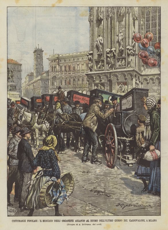 Costumanze Popular, Organet Market Ved siden af ​​Duomo på Carnovalones sidste dag, i Milano af Achille Beltrame