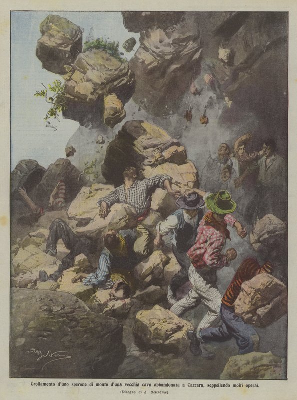 Sammenstyrtning af et bjergspring i et gammelt nedlagt stenbrud i Carrara, hvorved mange arbejdere blev begravet af Achille Beltrame