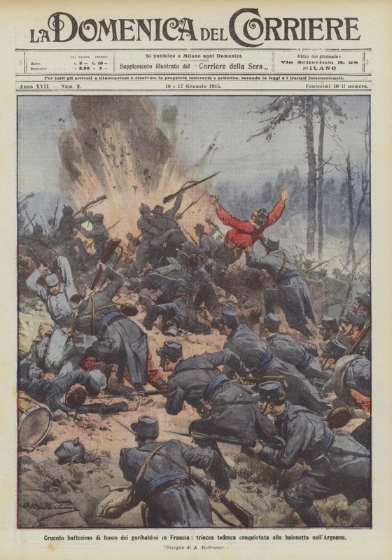 Blodig ilddåb af Garibaldis soldater i Frankrig, tysk skyttegrav erobret med bajonet i Argonne af Achille Beltrame