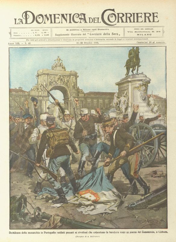 Monarkiets dekadence i Portugal, soldater udleveret til oprørere, der tramper på flaget ? af Achille Beltrame