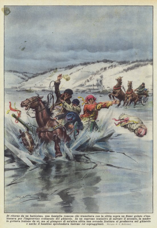 En rumænsk familie på vej hjem fra en barnedåb og på slæde over en frossen flod? af Achille Beltrame