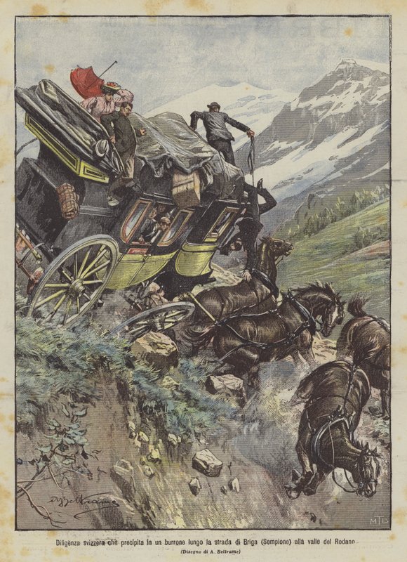 En schweizisk rytter styrter ned i en kløft på vejen fra Brig (Simplon) til Rhônedalen af Achille Beltrame