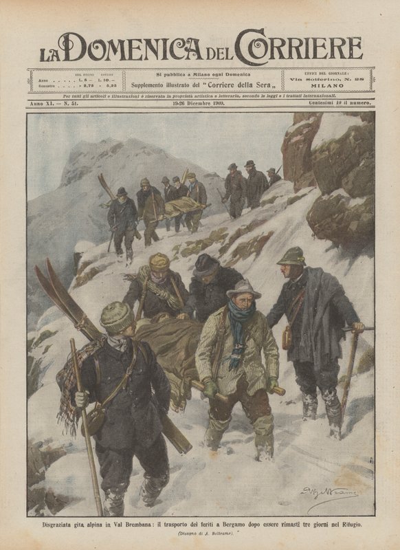 Uheldig alpeudflugt i Val Brembana, transport af tilskadekomne til Bergamo efter at være blevet efterladt tre ? af Achille Beltrame
