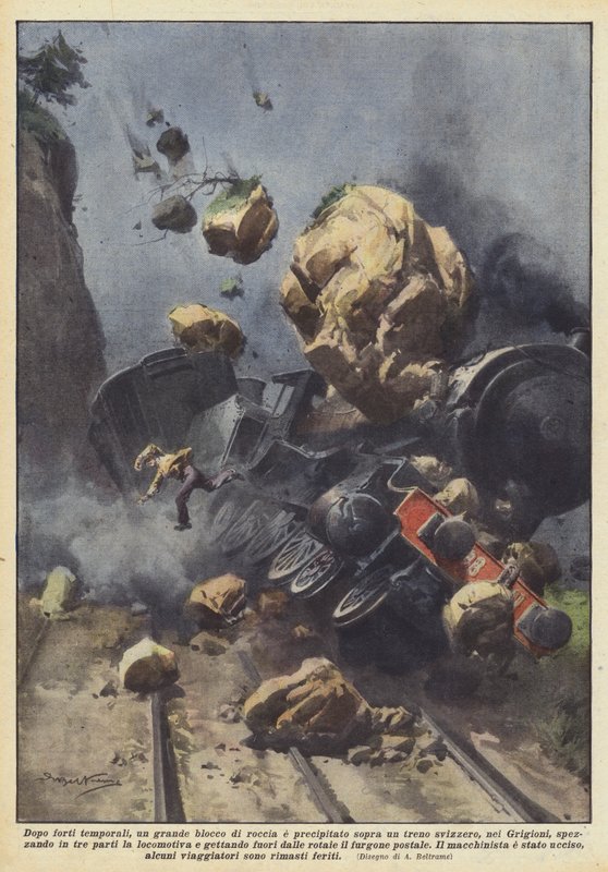 Efter kraftige storme faldt en stor stenblok oven på et schweizisk tog? af Achille Beltrame