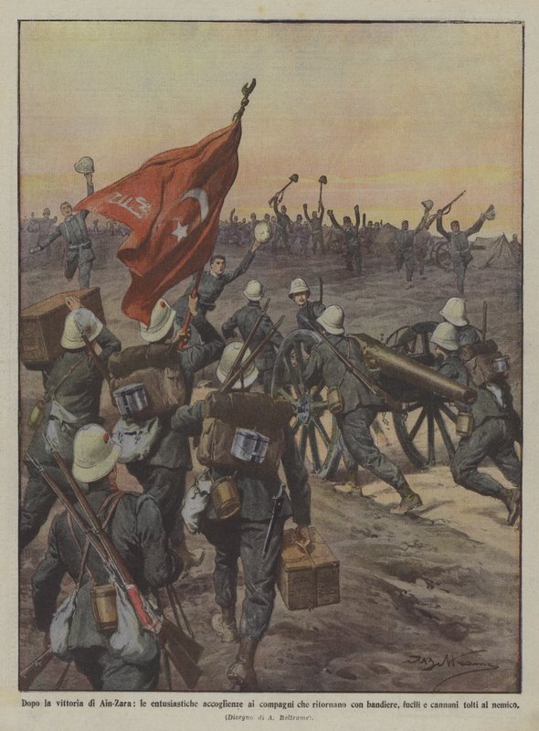 Efter sejren ved Ain-Zara, den begejstrede velkomst til kammerater, der vendte tilbage med flag ? af Achille Beltrame