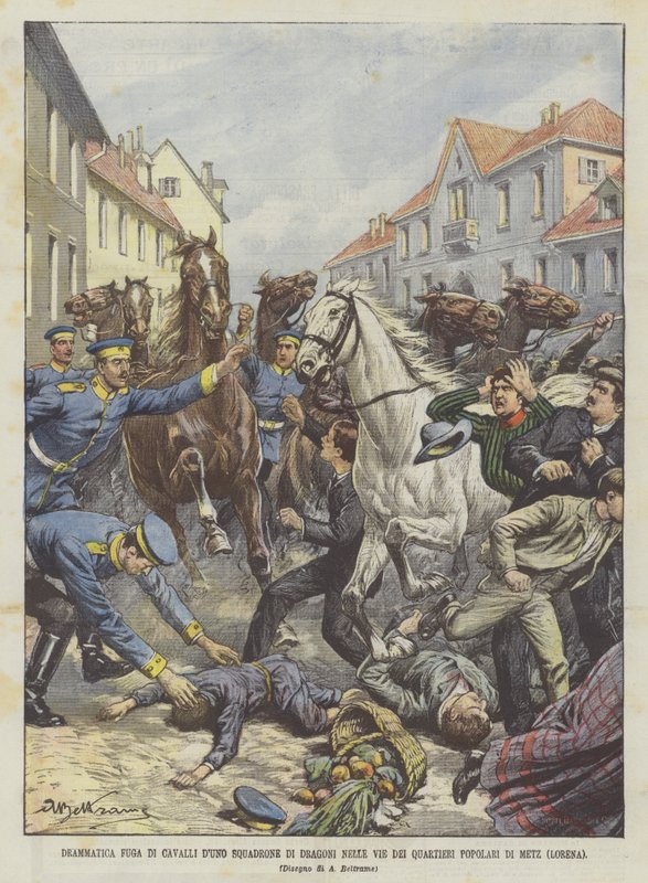 Dramatisk flugt af heste med en eskadron af dragoner i gaderne i de populære kvarterer i Metz (Lorraine) af Achille Beltrame
