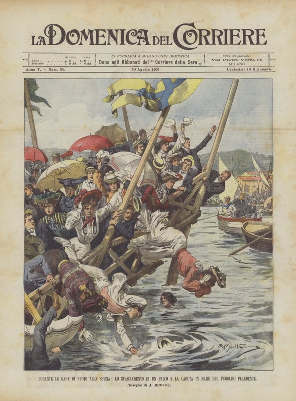 Under svømmekonkurrencerne i La Spezia, kollapset af en etape og faldet i havet af det bifaldende publikum af Achille Beltrame