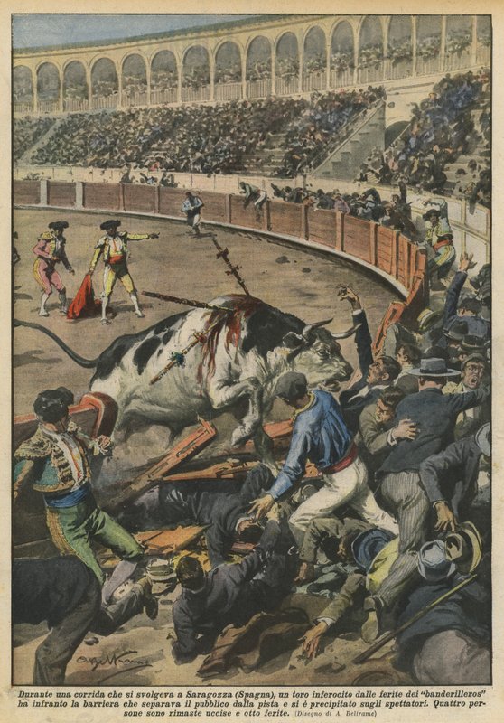 Under en tyrefægtning, der fandt sted i Zaragoza (Spanien), blev en tyr vred efter sårene fra? af Achille Beltrame