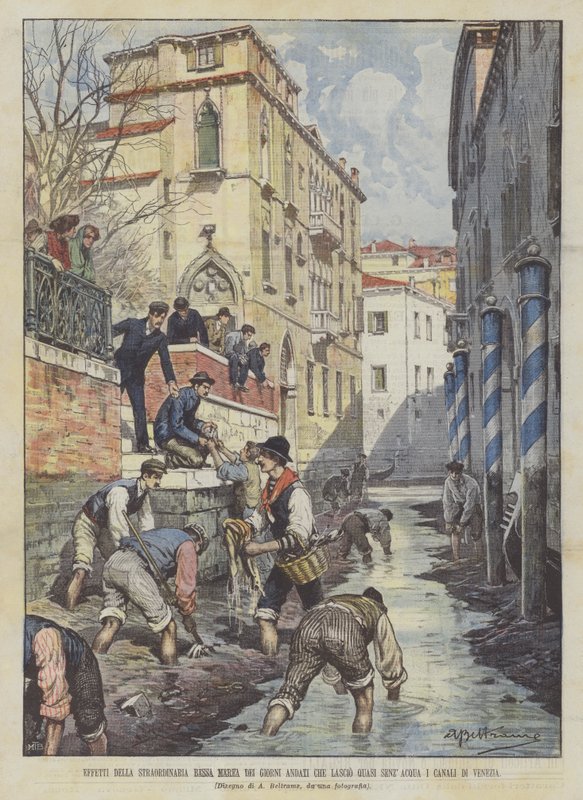 Virkningerne af de svundne dages ekstraordinære lavvande, der forlader Venedigs kanaler næsten uden vand af Achille Beltrame