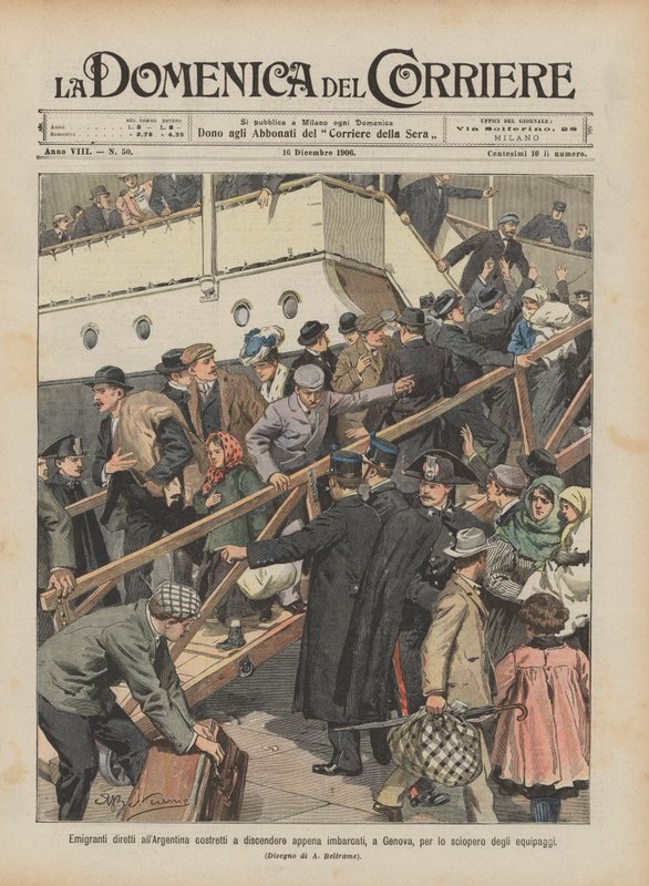 Emigranter på vej til Argentina tvunget til at gå fra borde, så snart de var gået om bord i Genova på grund af strejke i besætningen af Achille Beltrame