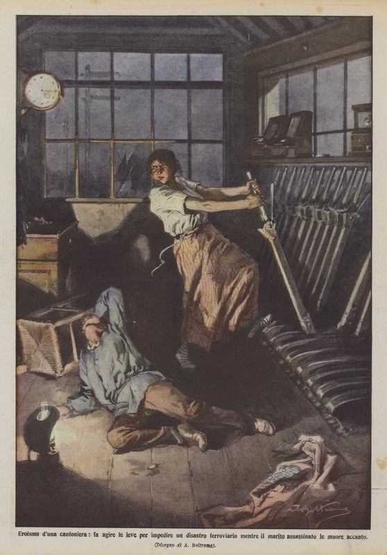Med en kantoners heltemod får hun håndtagene til at fungere for at forhindre en jernbanekatastrofe, mens hendes mand? af Achille Beltrame