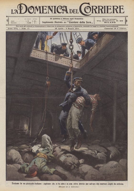 Heltemod på et italiensk dampskib, hvor kaptajnen sænker sig ned i et inficeret lastrum for at redde to? af Achille Beltrame
