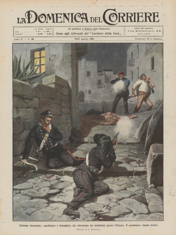 Uheldigt heltemod, carabiniere og bersagliere konfronterer kriminelle i nærheden af Palermo? af Achille Beltrame