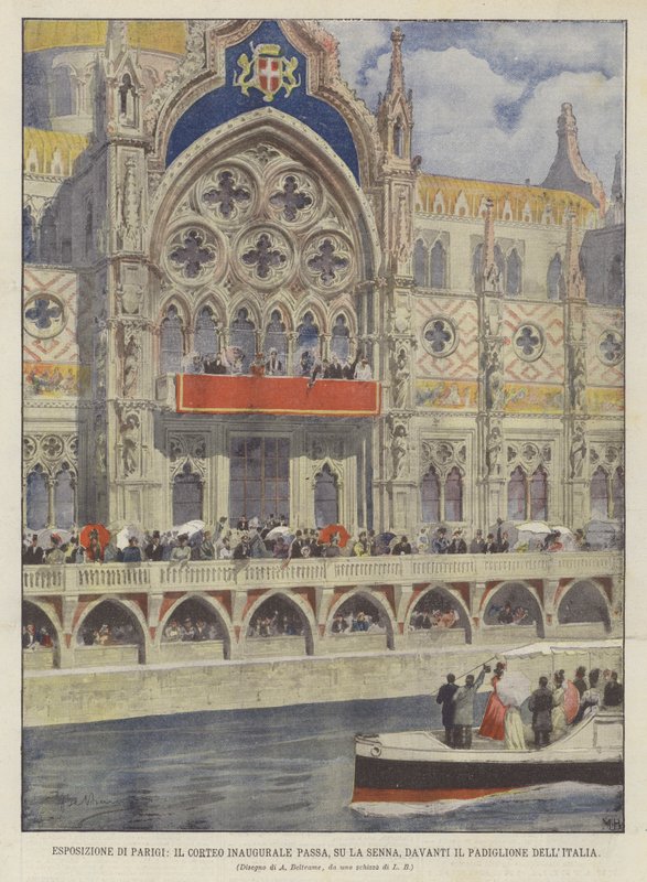 Paris-udstilling, den indledende procession passerer, på Seinen, foran Italien-pavillonen af Achille Beltrame