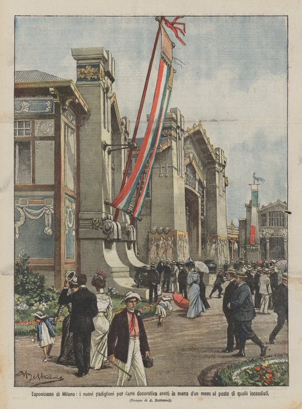 Milano-udstillingen, de nye pavilloner for dekorativ kunst, der blev bygget på mindre end en måned i stedet for de ? af Achille Beltrame