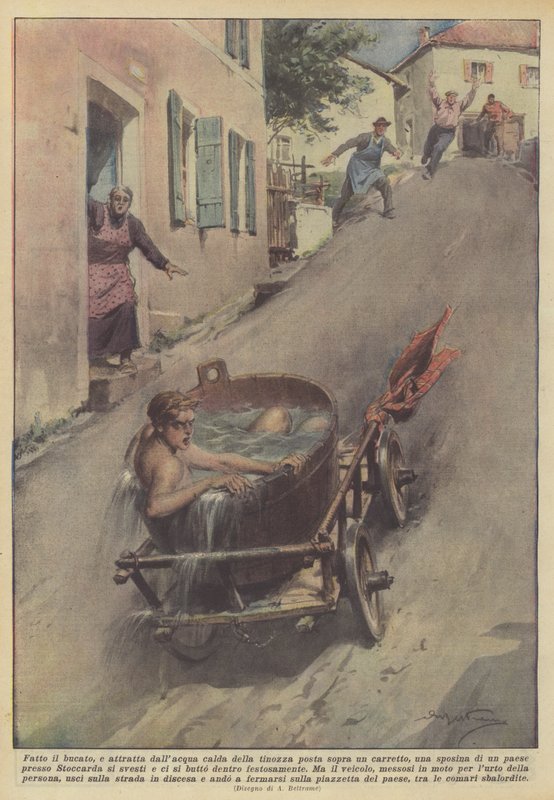 Efter at have gjort vasketøjet og tiltrukket af det varme vand i karret placeret på en vogn, en brud? af Achille Beltrame