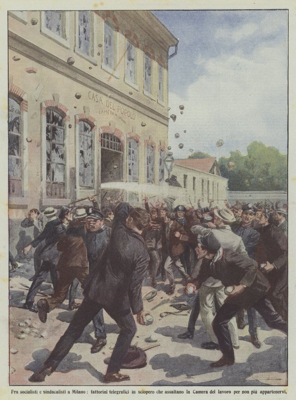 Mellem socialister og fagforeningsfolk i Milano, strejkende telegrafister, der stormede kammeret ? af Achille Beltrame