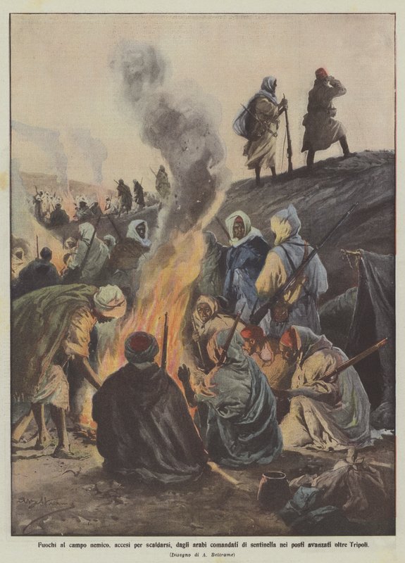 Bål i fjendens lejr, tændt for at varme op, af araberne, der var kommanderet på vagtvagt på de steder, der rykkede ud over Tripoli af Achille Beltrame