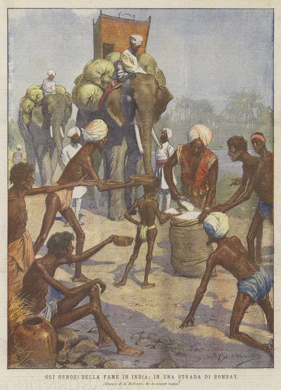 The Horrors of Hunger i Indien, i en Bombay Street (farve litho) af Achille Beltrame