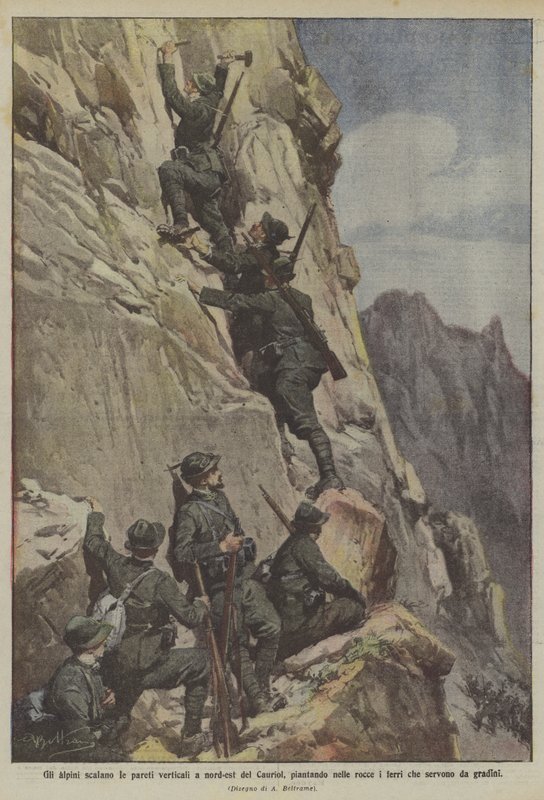 De alpine tropper klatrer de lodrette vægge nordøst for Cauriol og planter jernene, der tjener som trin i klipperne af Achille Beltrame