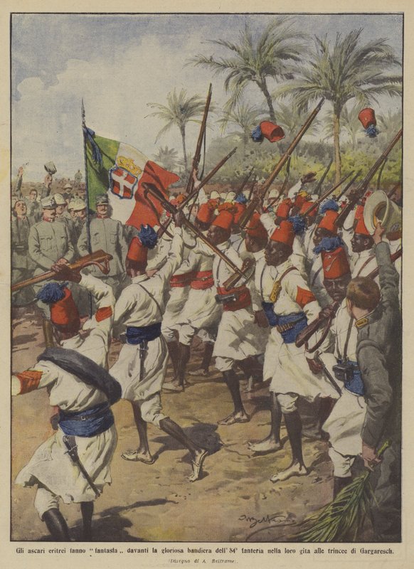Fantaserer de eritreiske askarier foran det herlige flag fra det 84. infanteri på deres udflugt? af Achille Beltrame