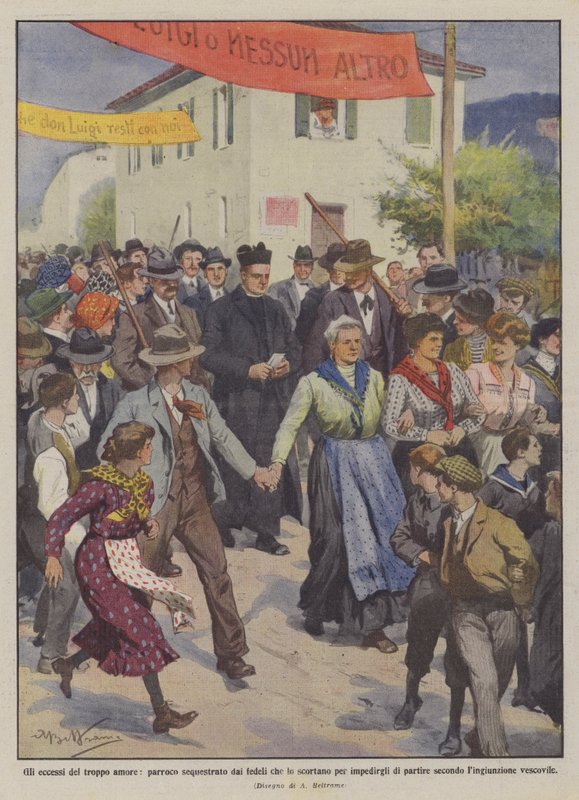 Overskridelserne af for meget kærlighed, sognepræst kidnappet af de troende, der eskorterer ham for at forhindre ham? af Achille Beltrame