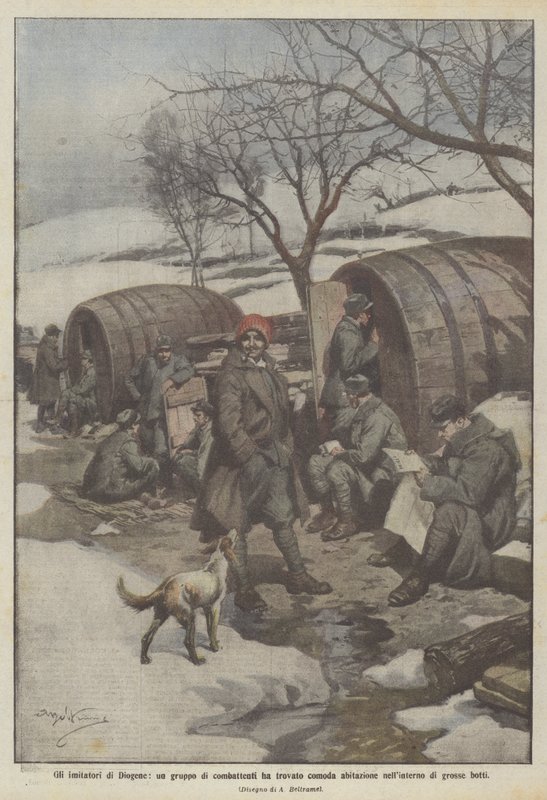 Imitatorerne af Diogenes, en gruppe krigere fandt et behageligt hjem inde i store tønder af Achille Beltrame