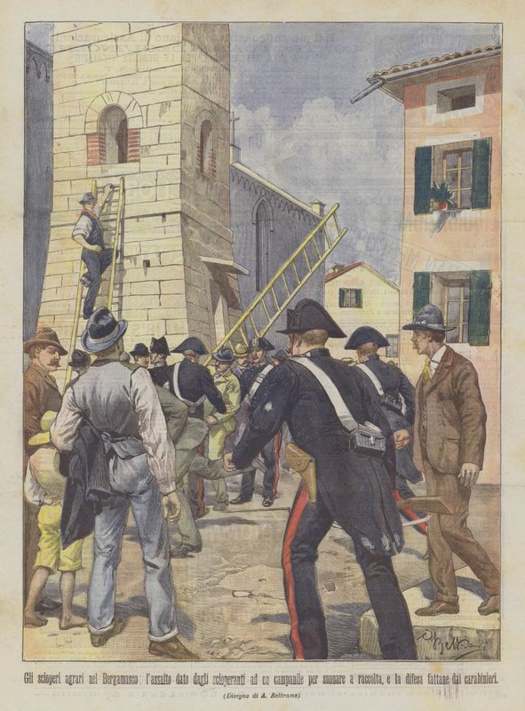 Agrarstrejkerne i Bergamo-området, angrebet af strejkende til et klokketårn for at ringe? af Achille Beltrame