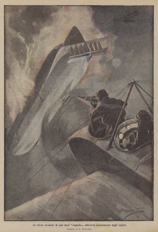 De sidste øjeblikke af en af ​​Zeppelinerne, der for nylig blev skudt ned af briterne af Achille Beltrame