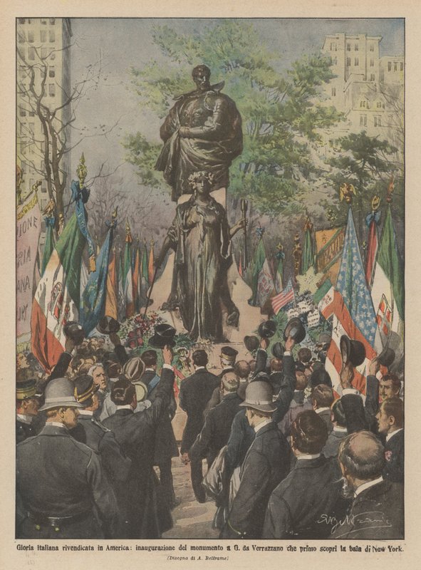 Italiensk ære hævnet i Amerika, indvielse af monumentet for G da Verrazzano, som var den første ? af Achille Beltrame