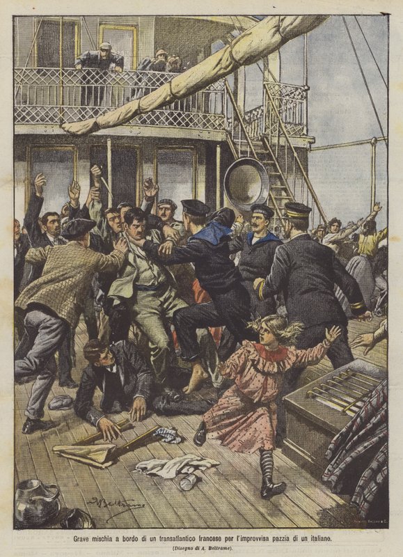 Alvorlig ballade om bord på et fransk linjeskib på grund af en italiensk mands pludselige vanvid af Achille Beltrame