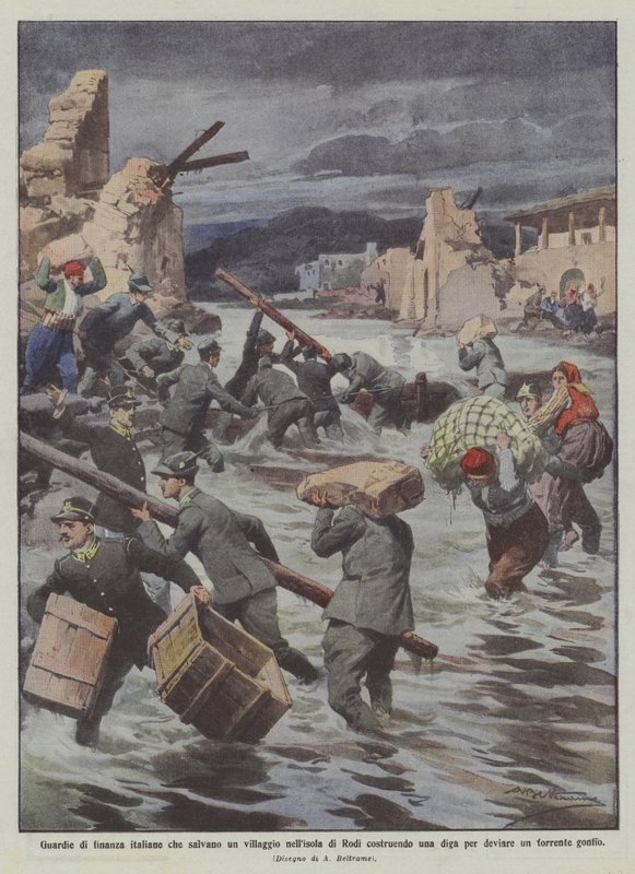 Italienske finansvagter redder en landsby på Rhodos ved at bygge en dæmning til ? af Achille Beltrame