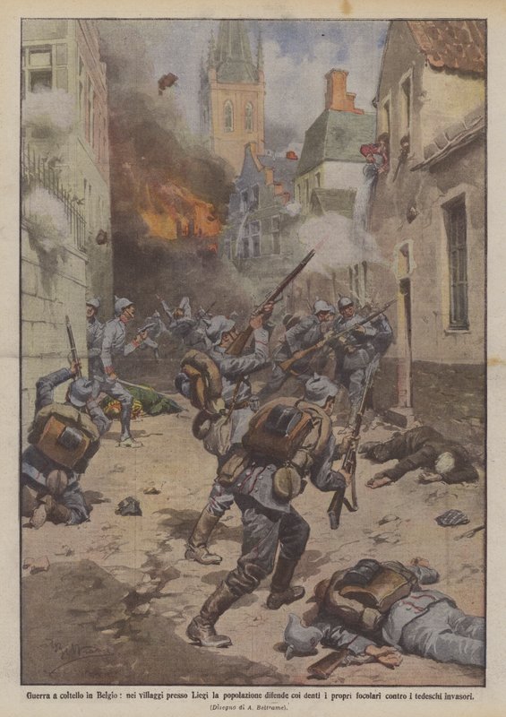 Knivkrig i Belgien, i landsbyerne nær Liège forsvarer befolkningen deres egne tænder med deres tænder? af Achille Beltrame