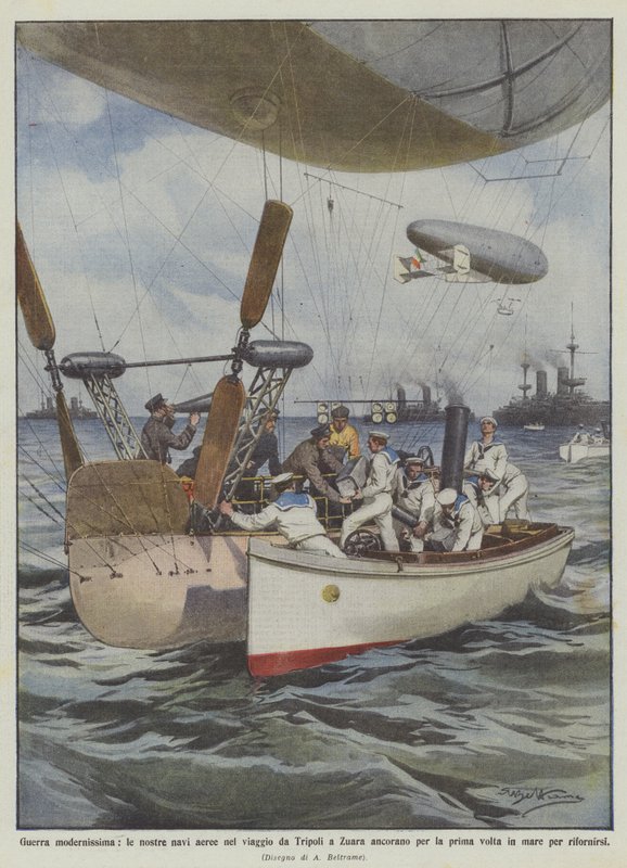 State-of-the-art krigsførelse, anker vores luftskibe på turen fra Tripoli til Zuara for første gang? af Achille Beltrame