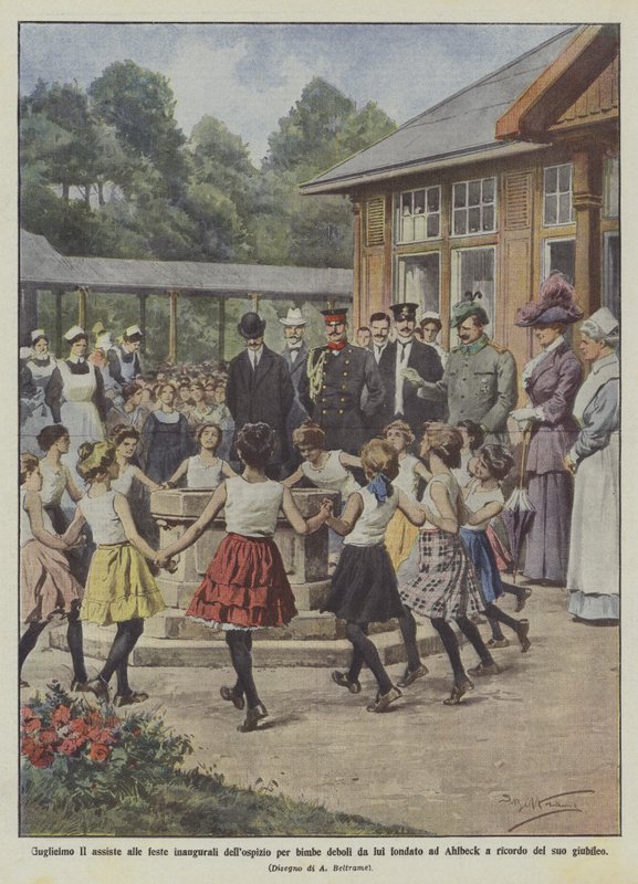 Wilhelm II deltager i åbningsfesten for det hospice for svage piger, som han grundlagde i Ahlbeck? af Achille Beltrame