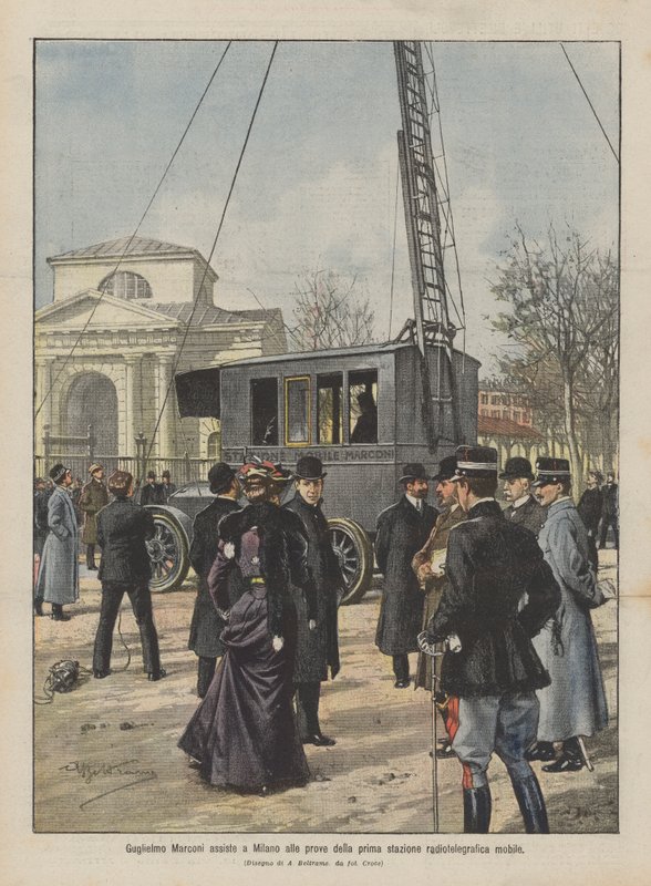 Guglielmo Marconi deltager i afprøvning af den første mobile radiotelegrafiske station i Milano af Achille Beltrame