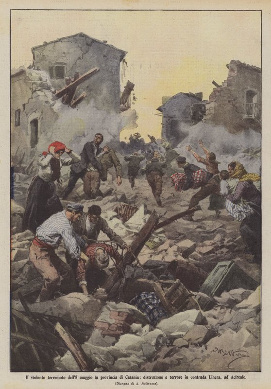 Det voldsomme jordskælv den 8. maj i provinsen Catania, ødelæggelse og terror i Linera-distriktet i Acireale af Achille Beltrame