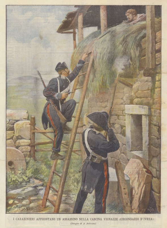 The Carabinieri konfronterer en snigmorder i Cascina Vignazze (District DIvrea) af Achille Beltrame