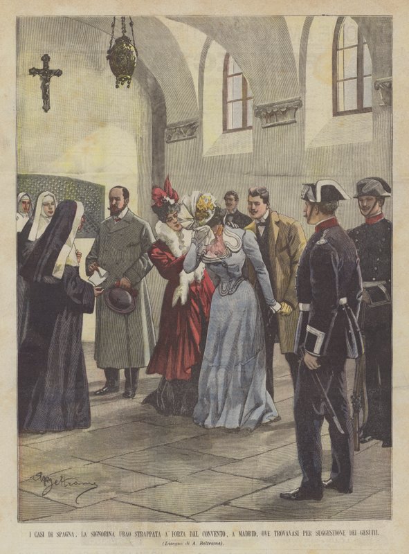 Sagerne om Spanien, Miss Ubao Force revet fra klostret, i Madrid, hvor var hun for? af Achille Beltrame