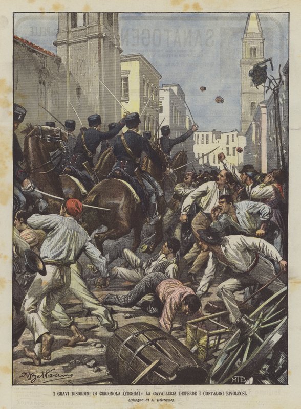 Cerignolas alvorlige lidelser (Foggia), kavaleriet spreder de oprørende bønder af Achille Beltrame