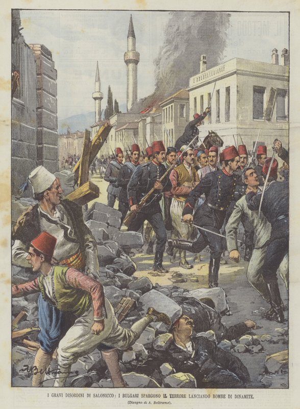 Alvorlige optøjer i Thessaloniki spreder bulgarere terror ved at kaste dynamitbomber af Achille Beltrame