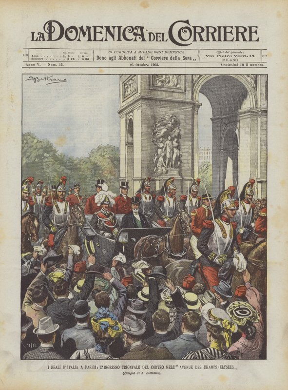 De kongelige i Paris, den triumferende indgang til processionen på Avenue Des Champs-Elysees af Achille Beltrame
