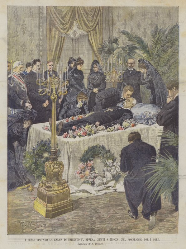 De kongelige besøger resterne af Umberto I, så snart de ankommer til Monza, om eftermiddagen den 1. Korr. af Achille Beltrame