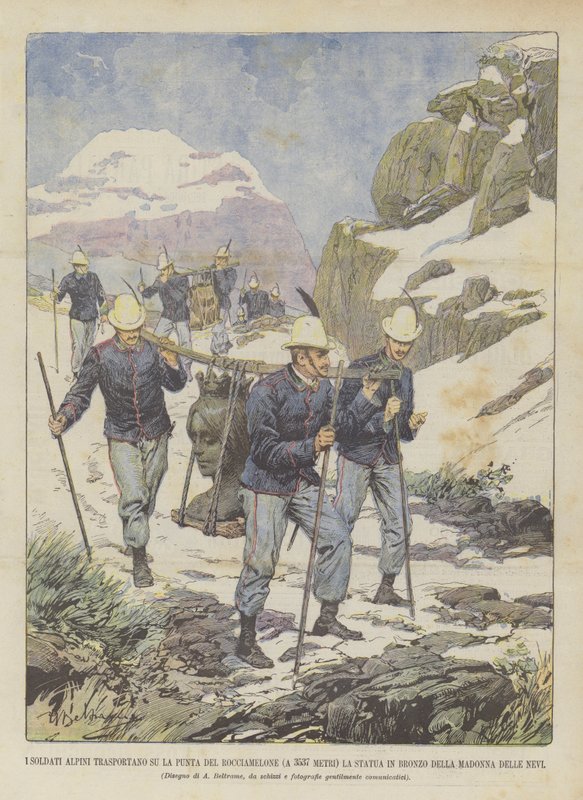 De alpine soldater bærer bronzestatuen af? af Achille Beltrame